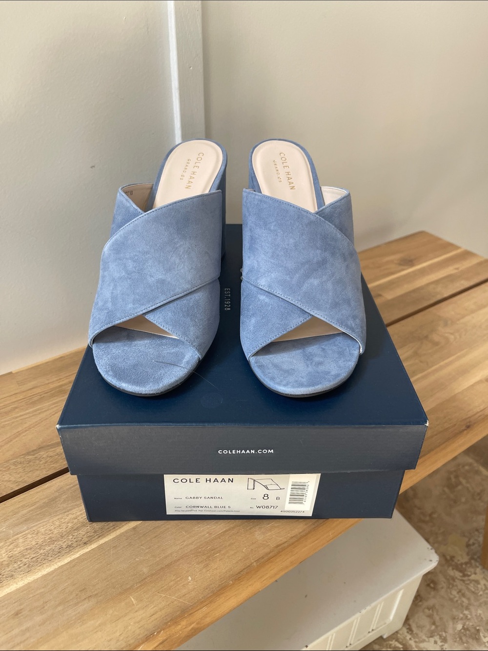 Cole Haan Gabby Suede Mule Block Heels in Cornwall Blue New in Box Size 8